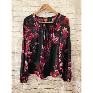 Kirna Zabete Shirt Womens XS Black & Pink Satin Floral Tie Neck Scoop Neck Flowy